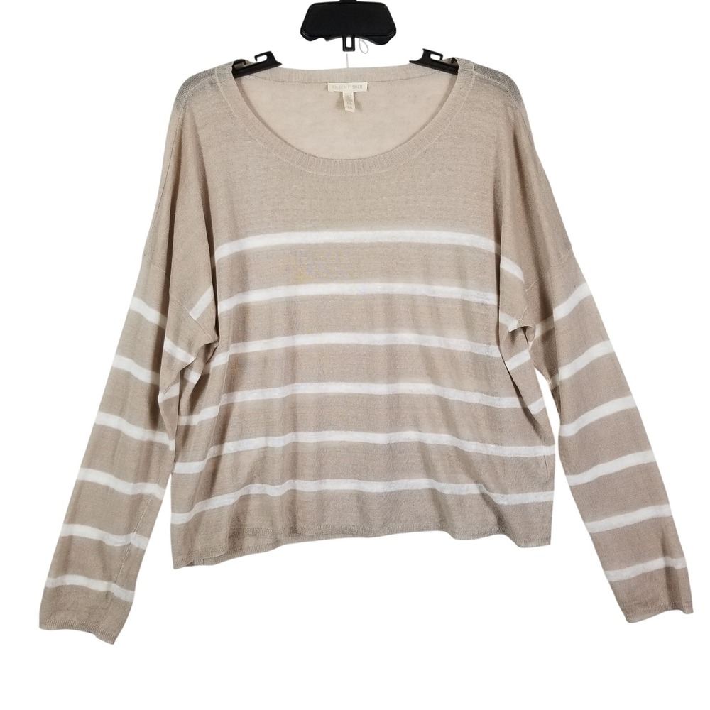 Eileen Fisher Organic Linen Blend Striped Boxy Sweater Tan White Large S16CKV